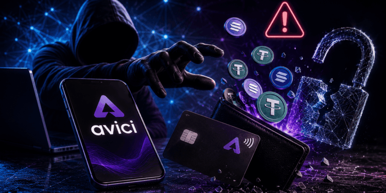 Hacker frente a dispositivos Avici, tarjetas y criptomonedas, con un candado digital vulnerado.