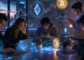 Monedas de bitcoin y ethereum rodean a un grupo de jóvenes reunidos en una mesa.
