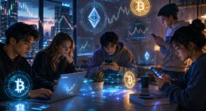 Monedas de bitcoin y ethereum rodean a un grupo de jóvenes reunidos en una mesa.