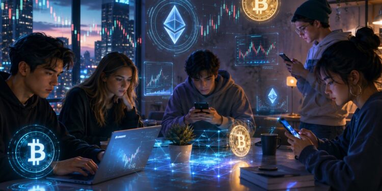 Monedas de bitcoin y ethereum rodean a un grupo de jóvenes reunidos en una mesa.