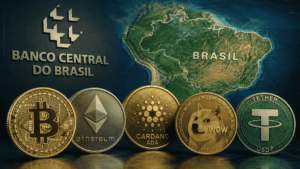 Varias criptomonedas, mapa de Brasil y logo del Banco Central.