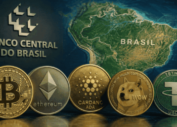 Varias criptomonedas, mapa de Brasil y logo del Banco Central.
