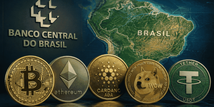 Varias criptomonedas, mapa de Brasil y logo del Banco Central.