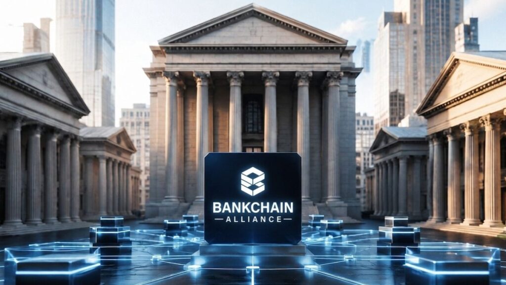 Logo de BankChain Alliance sobre un bloque central en una plaza futurista frente a edificios bancarios
