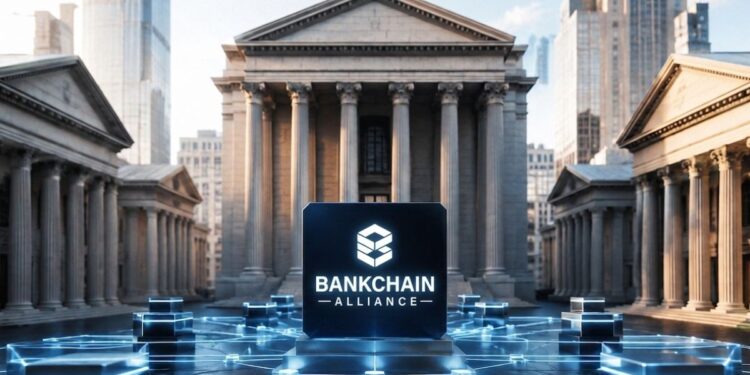 Logo de BankChain Alliance sobre un bloque central en una plaza futurista frente a edificios bancarios