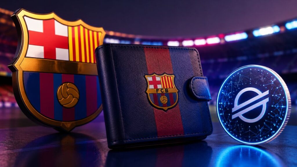 Billetera del FC Barcelona con el escudo del club, una moneda física de Stellar (XLM) iluminada en azul.