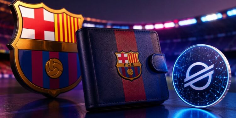 Billetera del FC Barcelona con el escudo del club, una moneda física de Stellar (XLM) iluminada en azul.