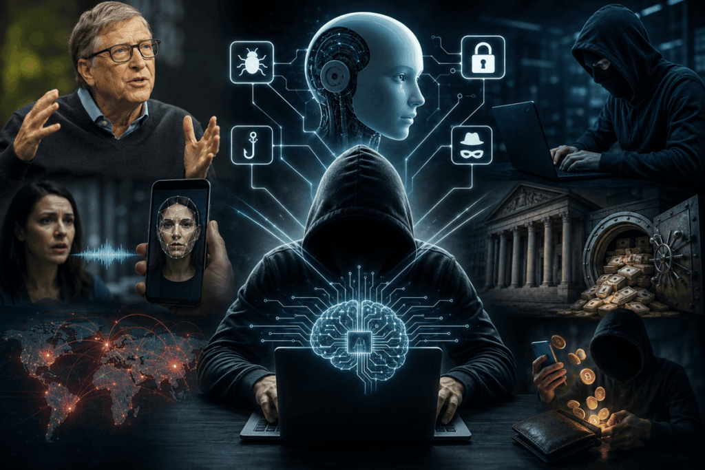 Una silueta encapuchada con imágenes de IA y Bill Gates