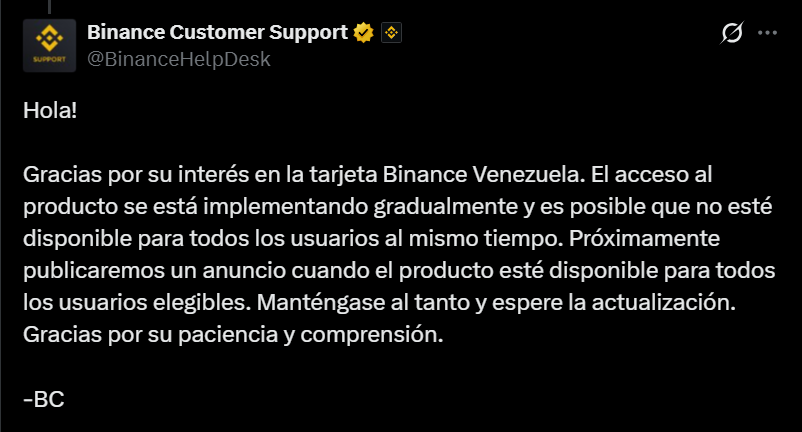 mensaje en X de atención al cliente de Binance.