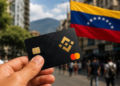 Primer plano: tarjeta Binance en la mano de alguien. Fondo: paisaje de Venezuela con bandera del país.