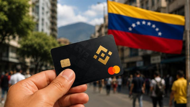Primer plano: tarjeta Binance en la mano de alguien. Fondo: paisaje de Venezuela con bandera del país.