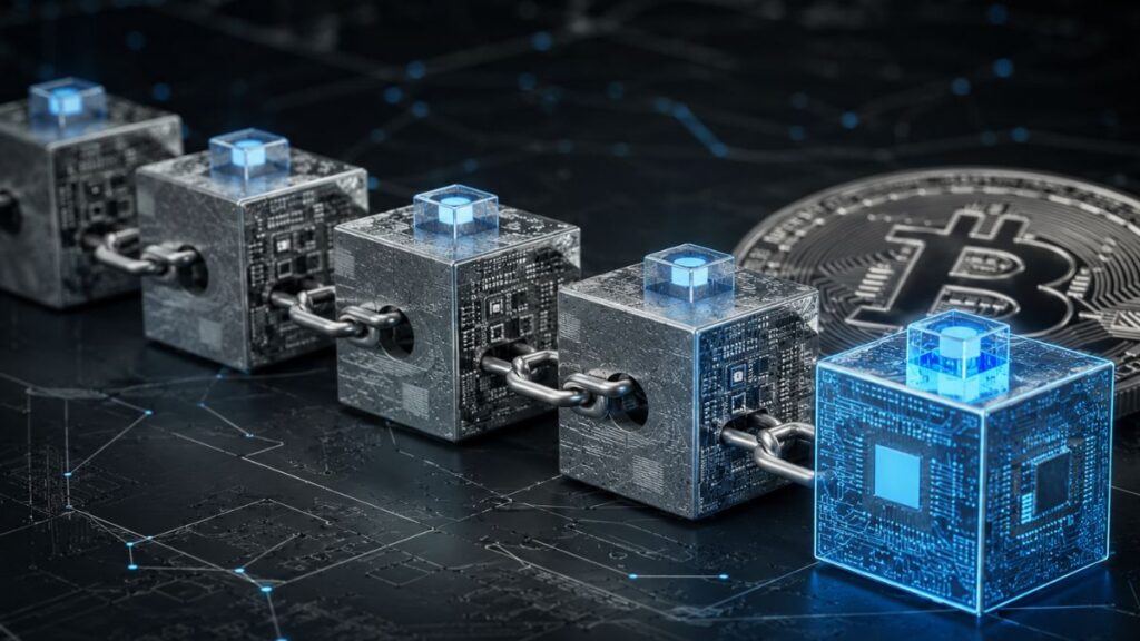Representación visual de una cadena de bloques mecánica y digital con una moneda Bitcoin al fondo.