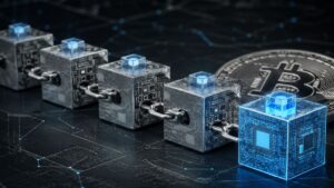Representación visual de una cadena de bloques mecánica y digital con una moneda Bitcoin al fondo.