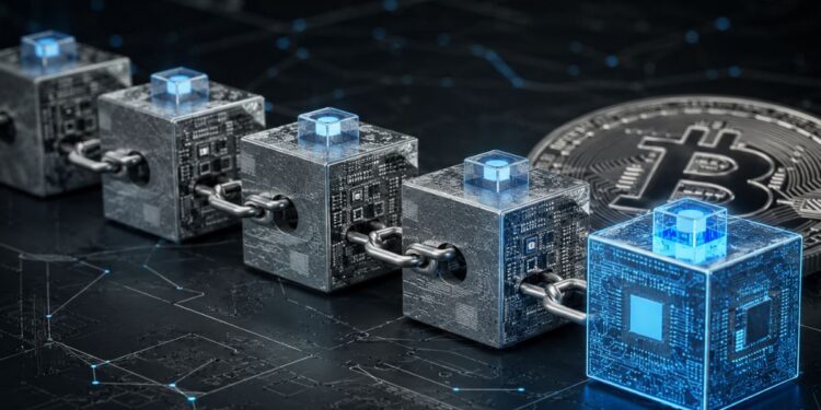Representación visual de una cadena de bloques mecánica y digital con una moneda Bitcoin al fondo.