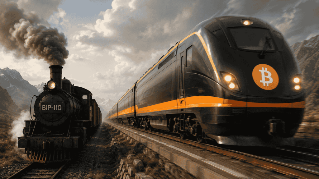 2 locomotoras. Una antigua a vapor representa a bip-110. Una moderna y veloz representa a Bitcoin.