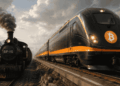 2 locomotoras. Una antigua a vapor representa a bip-110. Una moderna y veloz representa a Bitcoin.