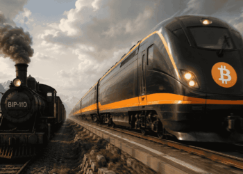 2 locomotoras. Una antigua a vapor representa a bip-110. Una moderna y veloz representa a Bitcoin.