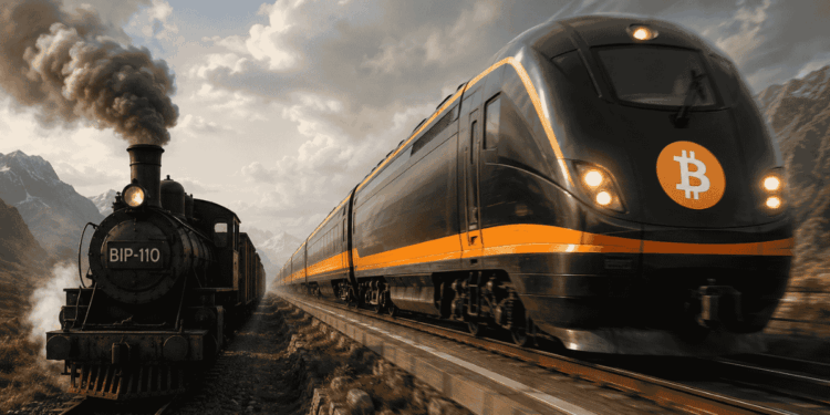 2 locomotoras. Una antigua a vapor representa a bip-110. Una moderna y veloz representa a Bitcoin.