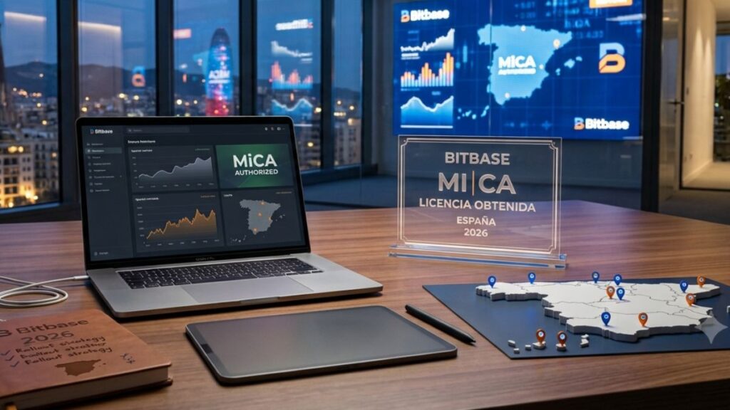 Oficina corporativa de Bitbase en España con un portátil, mapa del país y placa transparente con la licencia MiCA 2026.