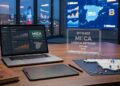 Oficina corporativa de Bitbase en España con un portátil, mapa del país y placa transparente con la licencia MiCA 2026.