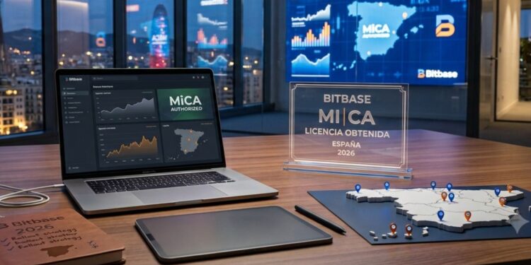 Oficina corporativa de Bitbase en España con un portátil, mapa del país y placa transparente con la licencia MiCA 2026.