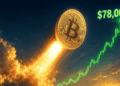 Moneda de bitcoin subiendo como un cohete arriba de USD 78.000.