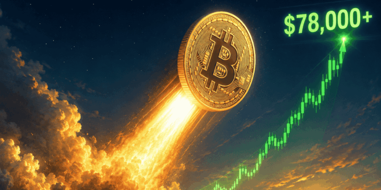 Moneda de bitcoin subiendo como un cohete arriba de USD 78.000.