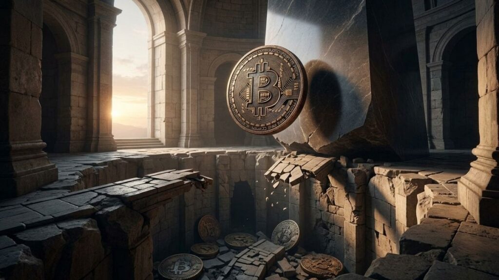 una moneda física de bitcoin intentando sostenerse