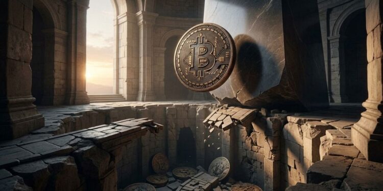 una moneda física de bitcoin intentando sostenerse