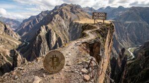 Bitcoin a punto de entrar en un camino rocoso, con barrancos a los lados, pero que al final tiene un anuncio que dice: 90.000 dólares.
