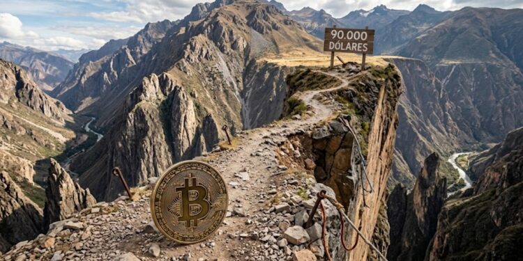 Bitcoin a punto de entrar en un camino rocoso, con barrancos a los lados, pero que al final tiene un anuncio que dice: 90.000 dólares.