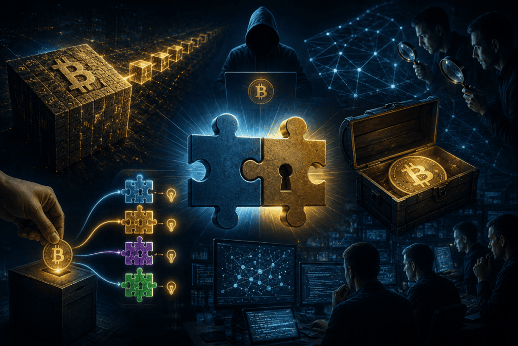 Un bloque de Bitcoin conecta mediante una cadena de cubos a un hacker encapuchado,