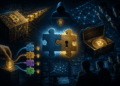 Un bloque de Bitcoin conecta mediante una cadena de cubos a un hacker encapuchado,