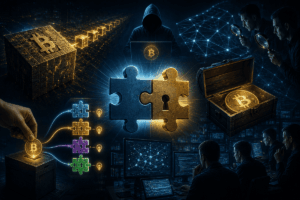 Un bloque de Bitcoin conecta mediante una cadena de cubos a un hacker encapuchado,