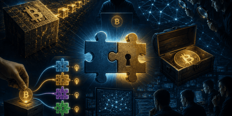 Un bloque de Bitcoin conecta mediante una cadena de cubos a un hacker encapuchado,