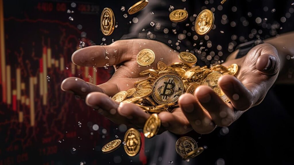 manos recolectando monedas de bitcoin cayendo.