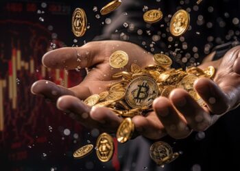 manos recolectando monedas de bitcoin cayendo.