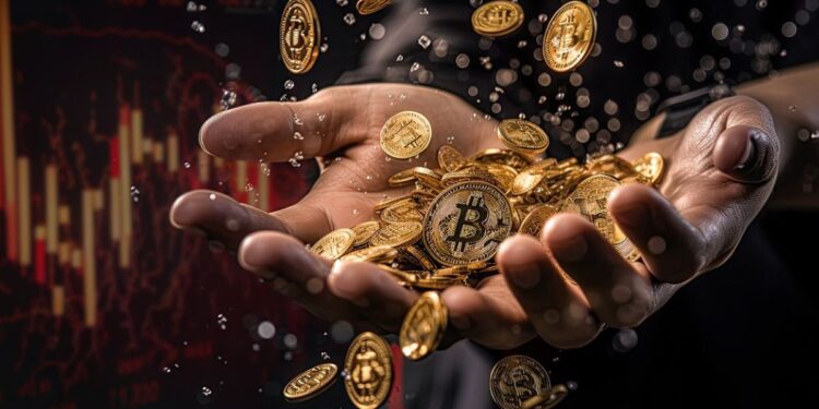manos recolectando monedas de bitcoin cayendo.
