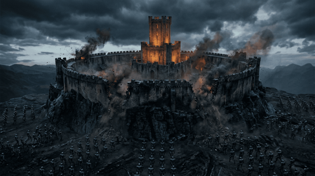 Una ciudadela circular sobre roca oscura: el anillo exterior de murallas está quebrado en varios puntos, con humo y escombros, mientras la torre central permanece intacta e iluminada en ámbar. Alrededor del perímetro, decenas de figuras robóticas angulosas y sin rostro avanzan en formación, pequeñas frente a la escala de la fortaleza. Cielo cargado, paleta de piedra fría, negro y acentos naranja.