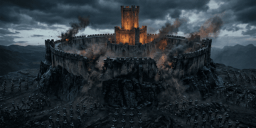 Una ciudadela circular sobre roca oscura: el anillo exterior de murallas está quebrado en varios puntos, con humo y escombros, mientras la torre central permanece intacta e iluminada en ámbar. Alrededor del perímetro, decenas de figuras robóticas angulosas y sin rostro avanzan en formación, pequeñas frente a la escala de la fortaleza. Cielo cargado, paleta de piedra fría, negro y acentos naranja.