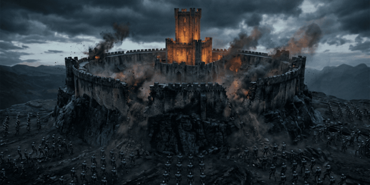 Una ciudadela circular sobre roca oscura: el anillo exterior de murallas está quebrado en varios puntos, con humo y escombros, mientras la torre central permanece intacta e iluminada en ámbar. Alrededor del perímetro, decenas de figuras robóticas angulosas y sin rostro avanzan en formación, pequeñas frente a la escala de la fortaleza. Cielo cargado, paleta de piedra fría, negro y acentos naranja.