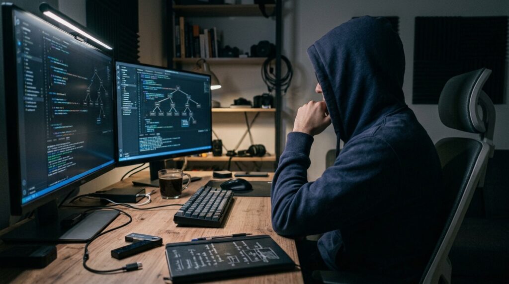 Una persona joven sentada frente a dos monitores llenos de código, con expresión concentrada, en una oficina pequeña a oscuras. Sobre el escritorio, una hardware wallet y una libreta. Luz de pantalla sobre el rostro, resto de la habitación en penumbra. Realista, sin dramatismo. Sin texto legible en las pantallas.