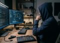 Una persona joven sentada frente a dos monitores llenos de código, con expresión concentrada, en una oficina pequeña a oscuras. Sobre el escritorio, una hardware wallet y una libreta. Luz de pantalla sobre el rostro, resto de la habitación en penumbra. Realista, sin dramatismo. Sin texto legible en las pantallas.
