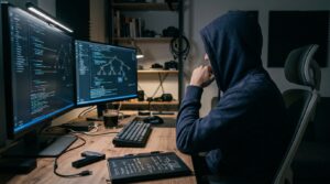 Una persona joven sentada frente a dos monitores llenos de código, con expresión concentrada, en una oficina pequeña a oscuras. Sobre el escritorio, una hardware wallet y una libreta. Luz de pantalla sobre el rostro, resto de la habitación en penumbra. Realista, sin dramatismo. Sin texto legible en las pantallas.