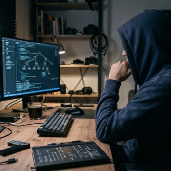 Una persona joven sentada frente a dos monitores llenos de código, con expresión concentrada, en una oficina pequeña a oscuras. Sobre el escritorio, una hardware wallet y una libreta. Luz de pantalla sobre el rostro, resto de la habitación en penumbra. Realista, sin dramatismo. Sin texto legible en las pantallas.