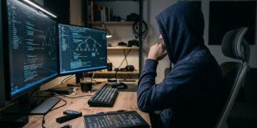Una persona joven sentada frente a dos monitores llenos de código, con expresión concentrada, en una oficina pequeña a oscuras. Sobre el escritorio, una hardware wallet y una libreta. Luz de pantalla sobre el rostro, resto de la habitación en penumbra. Realista, sin dramatismo. Sin texto legible en las pantallas.
