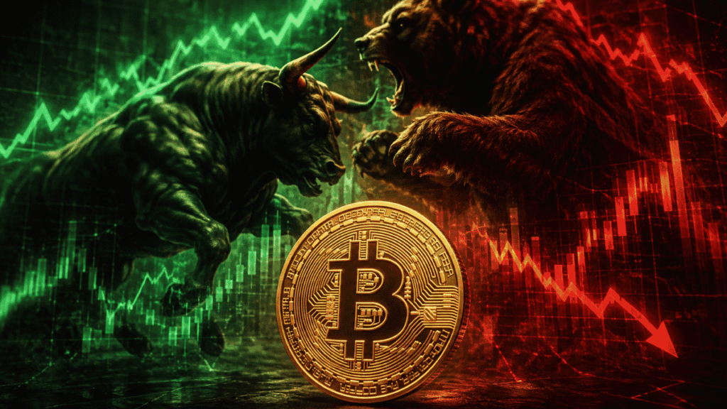 Moneda de bitcoin. Gráficos de precios rojos y verdes. Toro y oso peleando.