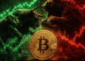 Moneda de bitcoin. Gráficos de precios rojos y verdes. Toro y oso peleando.