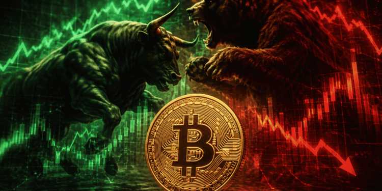 Moneda de bitcoin. Gráficos de precios rojos y verdes. Toro y oso peleando.