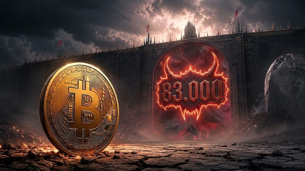 Moneda gigante de Bitcoin en un paisaje árido frente a un arco gótico en llamas con la cifra 83.000 iluminada en rojo.